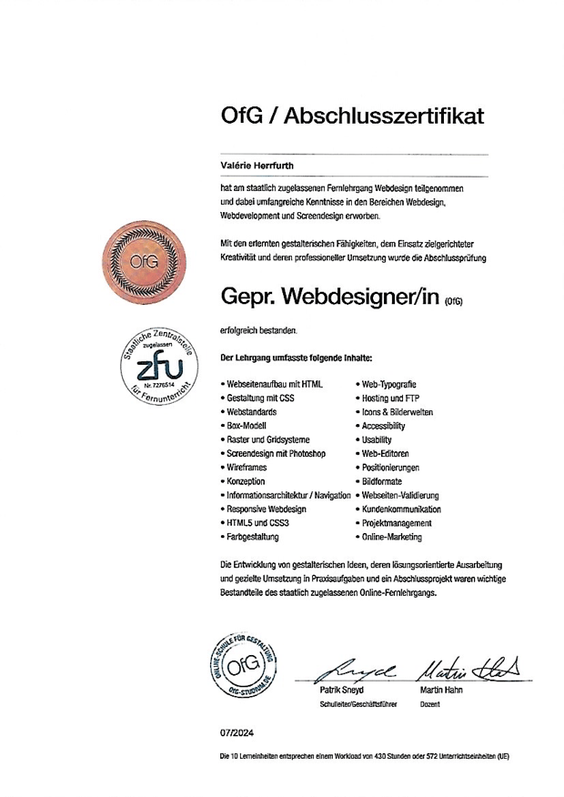 Abschlusszertifikat Webdesign an der OfG